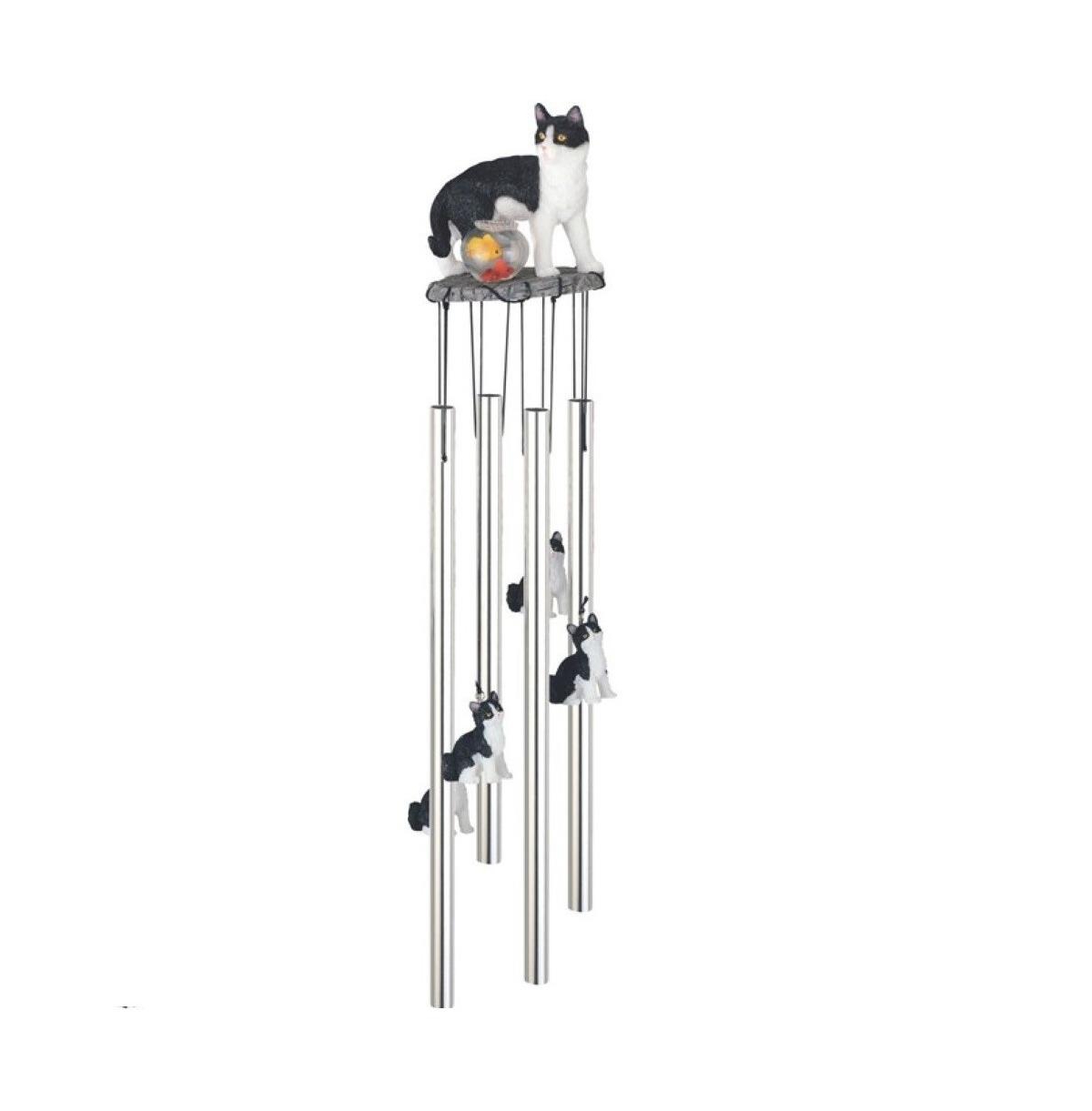 23" Long Tuxedo Kitty Cat with Fish Bowl Round Top Wind Chime Home Decor Perfect Gift for House Warming, Holidays and Birthdays - Silver
