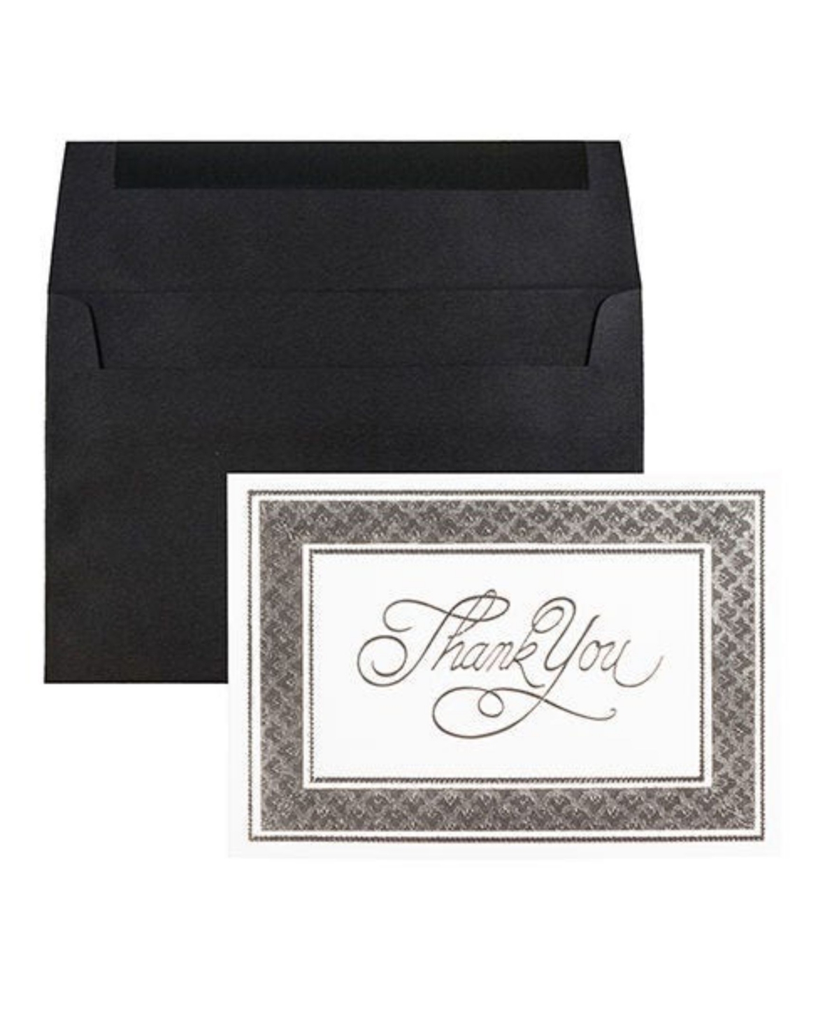 Thank You Card Sets - 25 Cards and Envelopes - Silver Border Cards with Black Linen Env