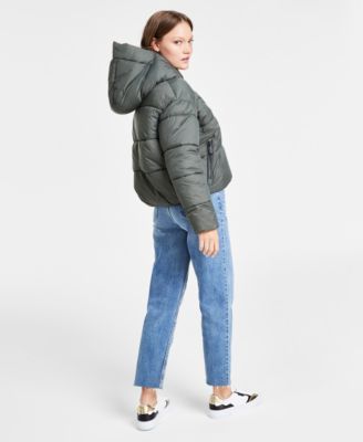 Shop Calvin Klein Jeans Est.1978 Womens Cropped Hooded Puffer Jacket Patched Mock Neck Sweater Straight Leg Ankle Jeans In Nain