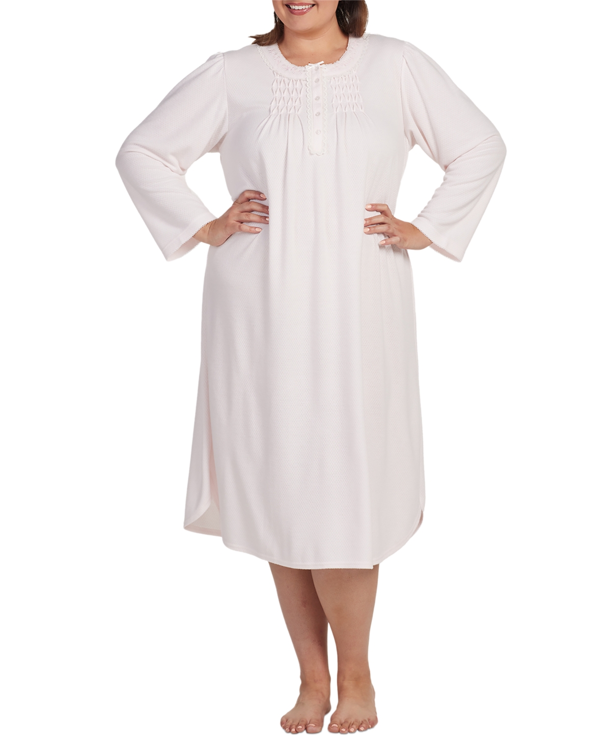 Miss Elaine Plus Size Long-sleeve Pintucked Nightgown In Peach