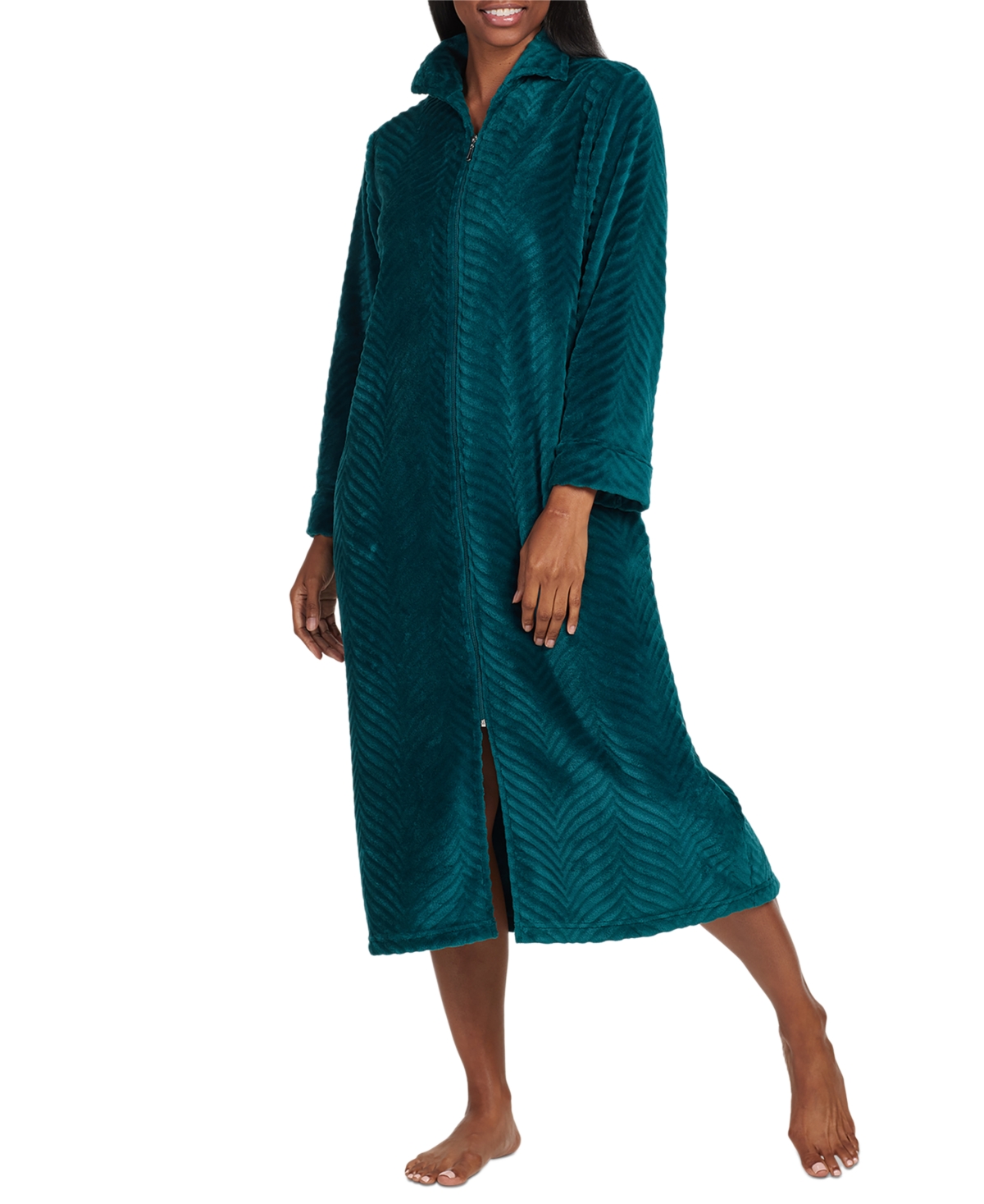 Women's Textured Zip-Front Robe - Emerald