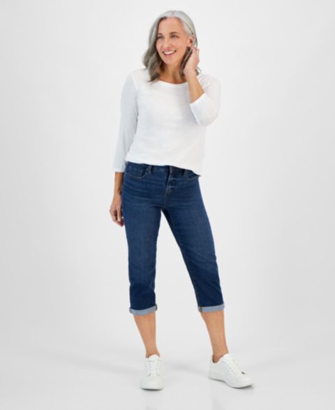 Женские джинсы Style & Co Petite Mid-Rise Curvy Roll-Cuff Capri, цвет: Синий