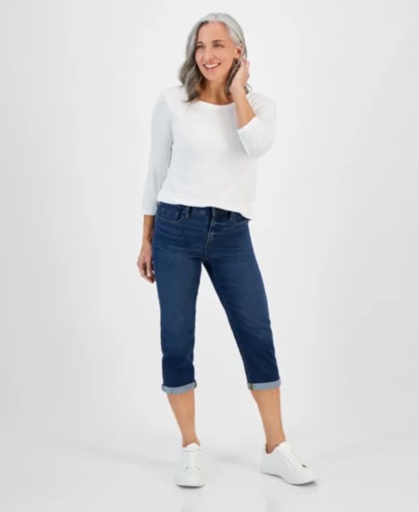Petite Mid-Rise Curvy Roll-Cuff Capri Jeans - Blue Lapis