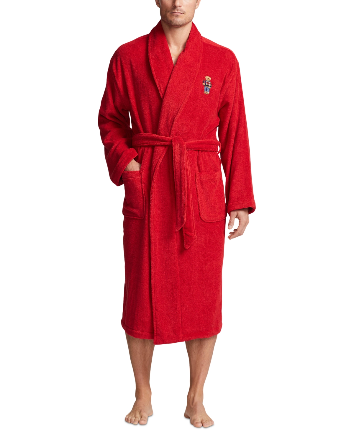Polo Ralph Lauren Men's Terry Polo Bear Robe In Park Avenue Red With Holiday Bear
