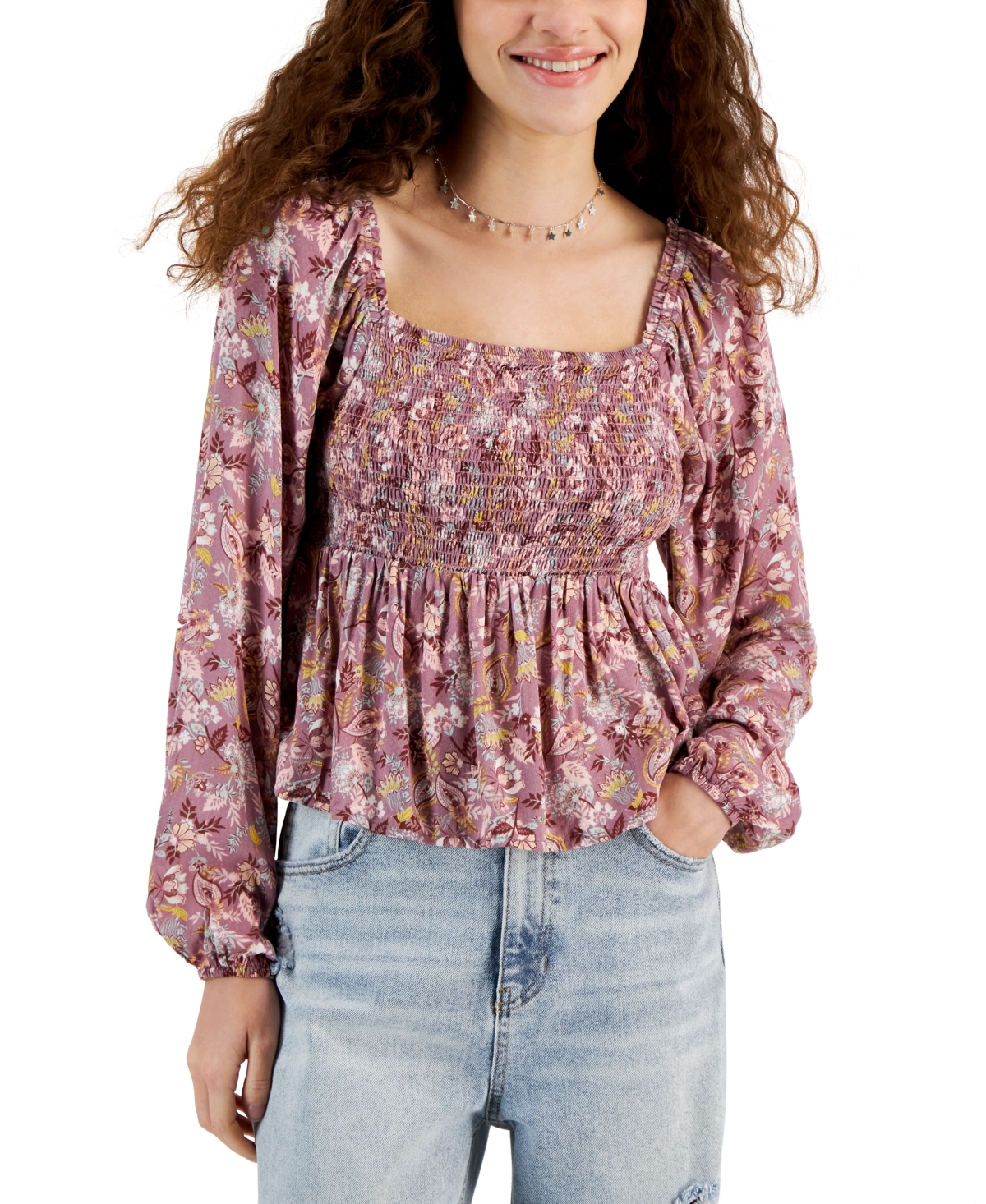 Juniors' Smocked Square-Neck Blouson-Sleeve Top - Dusty Orchid