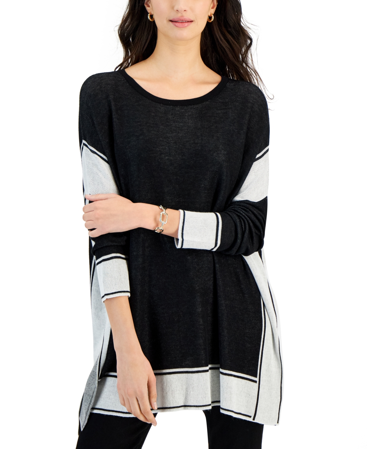 Fever Women's Crewneck Contrast-trim Poncho Sweater In Black  Ivory