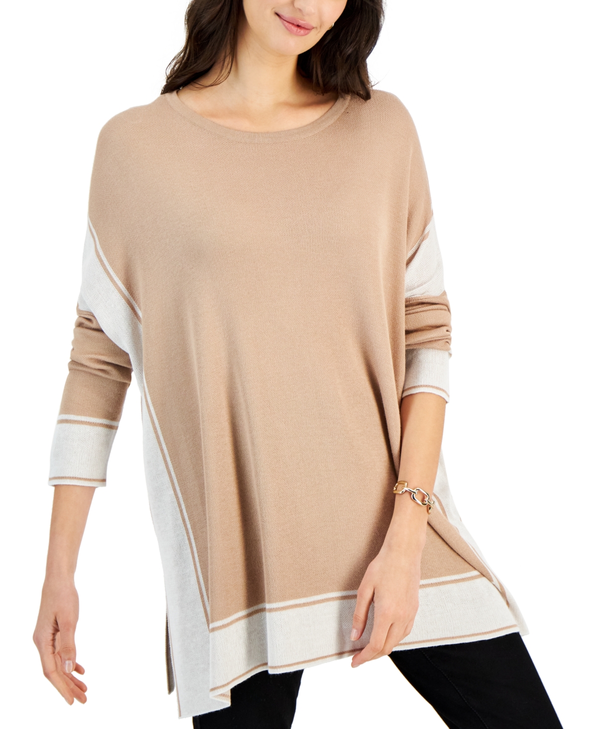 Fever Women's Crewneck Contrast-trim Poncho Sweater In Natural  Whisper White