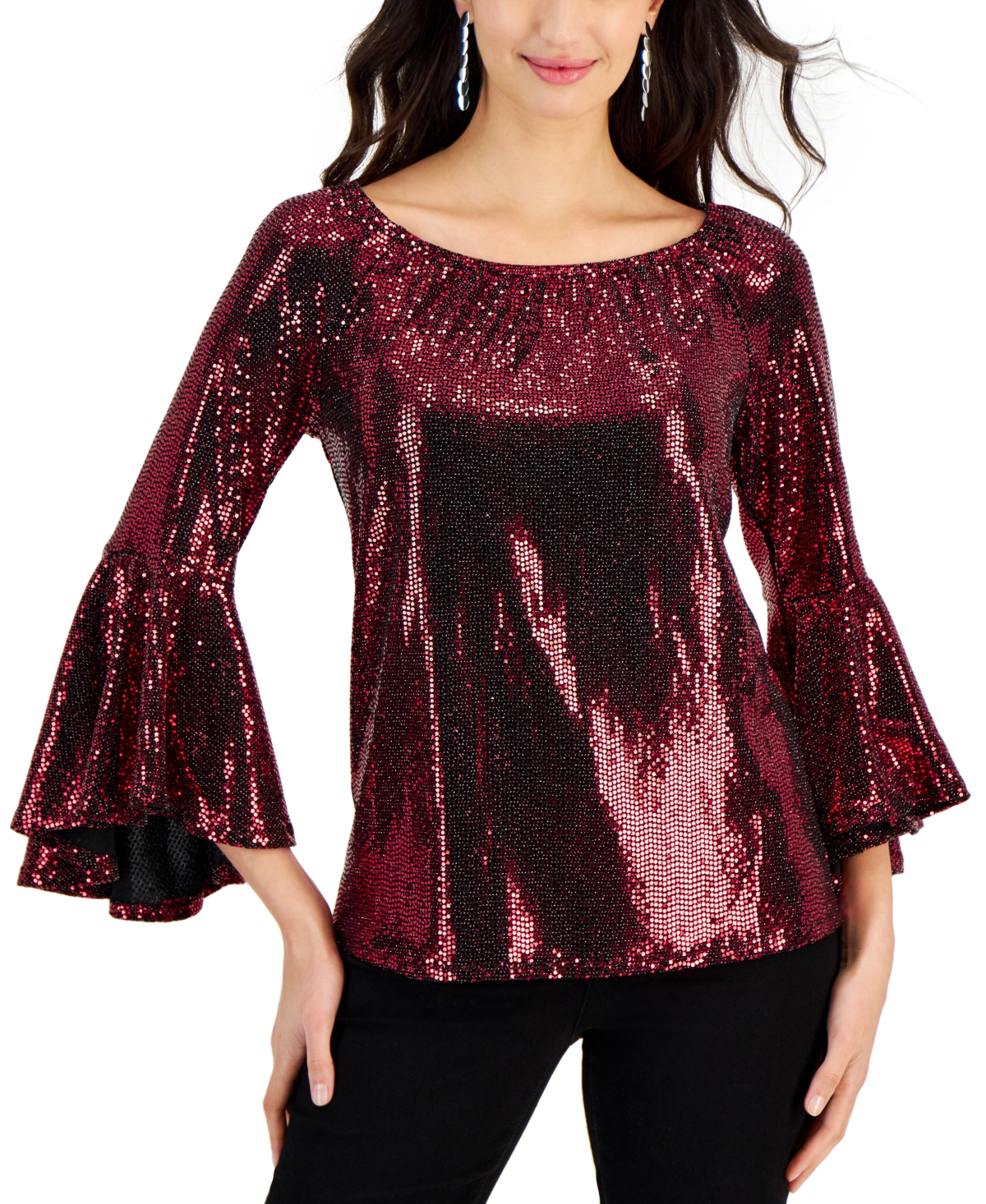 Fever Women's Sequined On & Off The Shoulder Bell Sleeve Top In Barbados Cherry Red