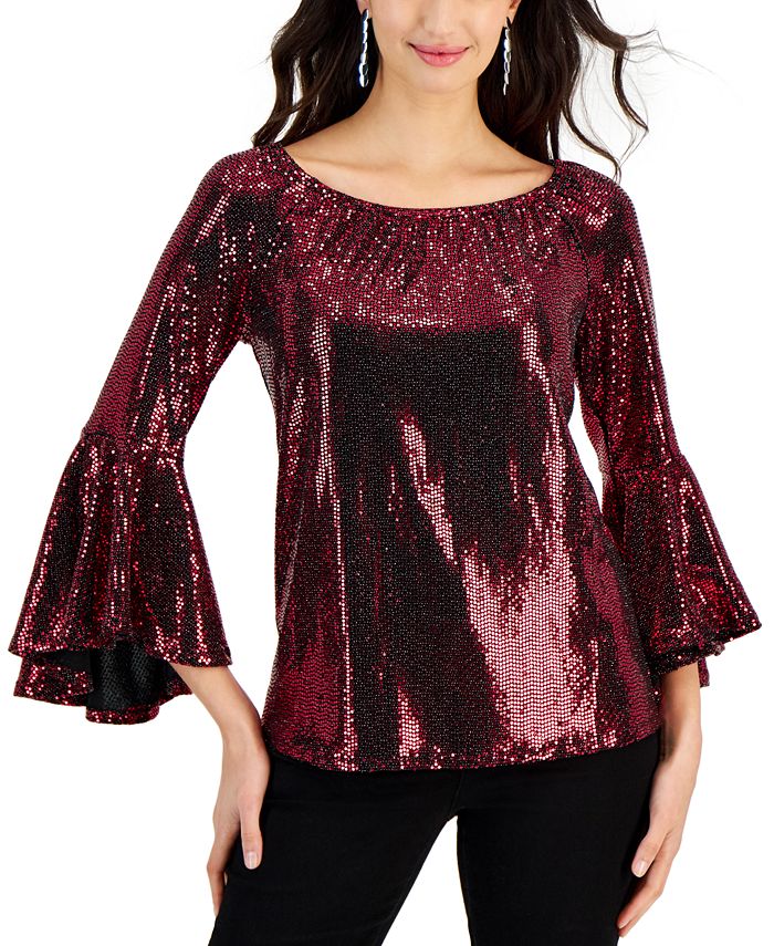 Fever Women's Sequined On & Off the Shoulder Bell Sleeve Top - Macy's