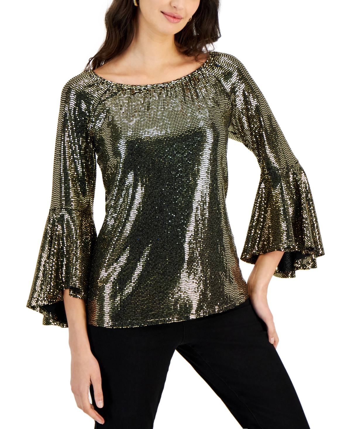 Fever Women's Sequined On & Off The Shoulder Bell Sleeve Top In Gold