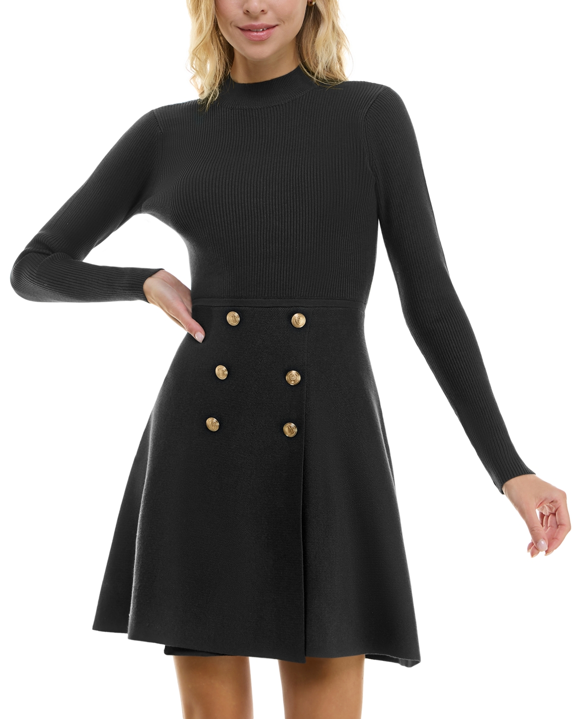 Bcx Juniors' Ribbed Mock-neck Fit & Flare Sweater Dress In Black