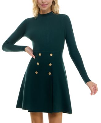 Juniors Button Skirt Fit & Flare Sweater Dress