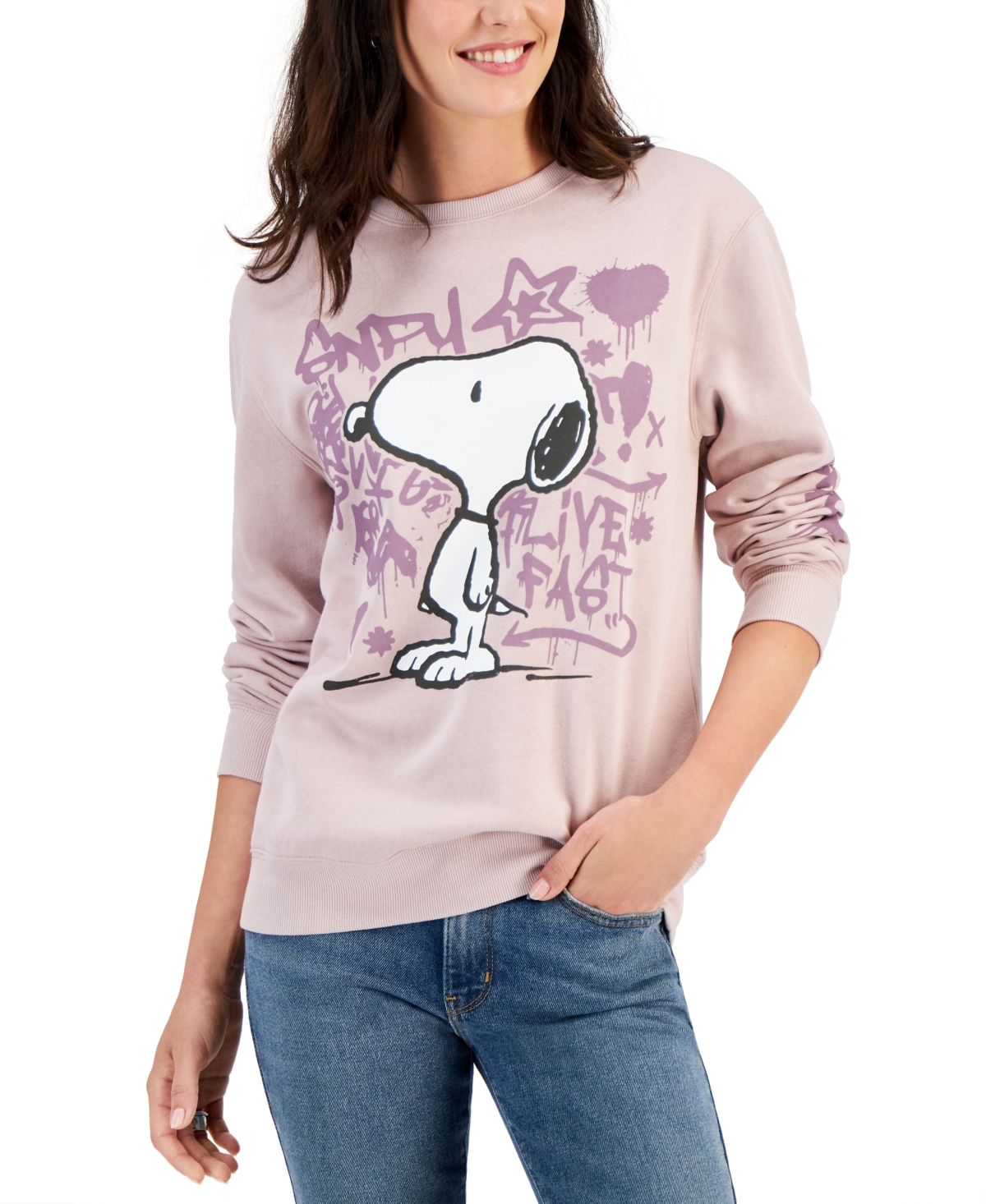 Juniors' Snoopy Graffiti Crewneck Sweatshirt - Purple