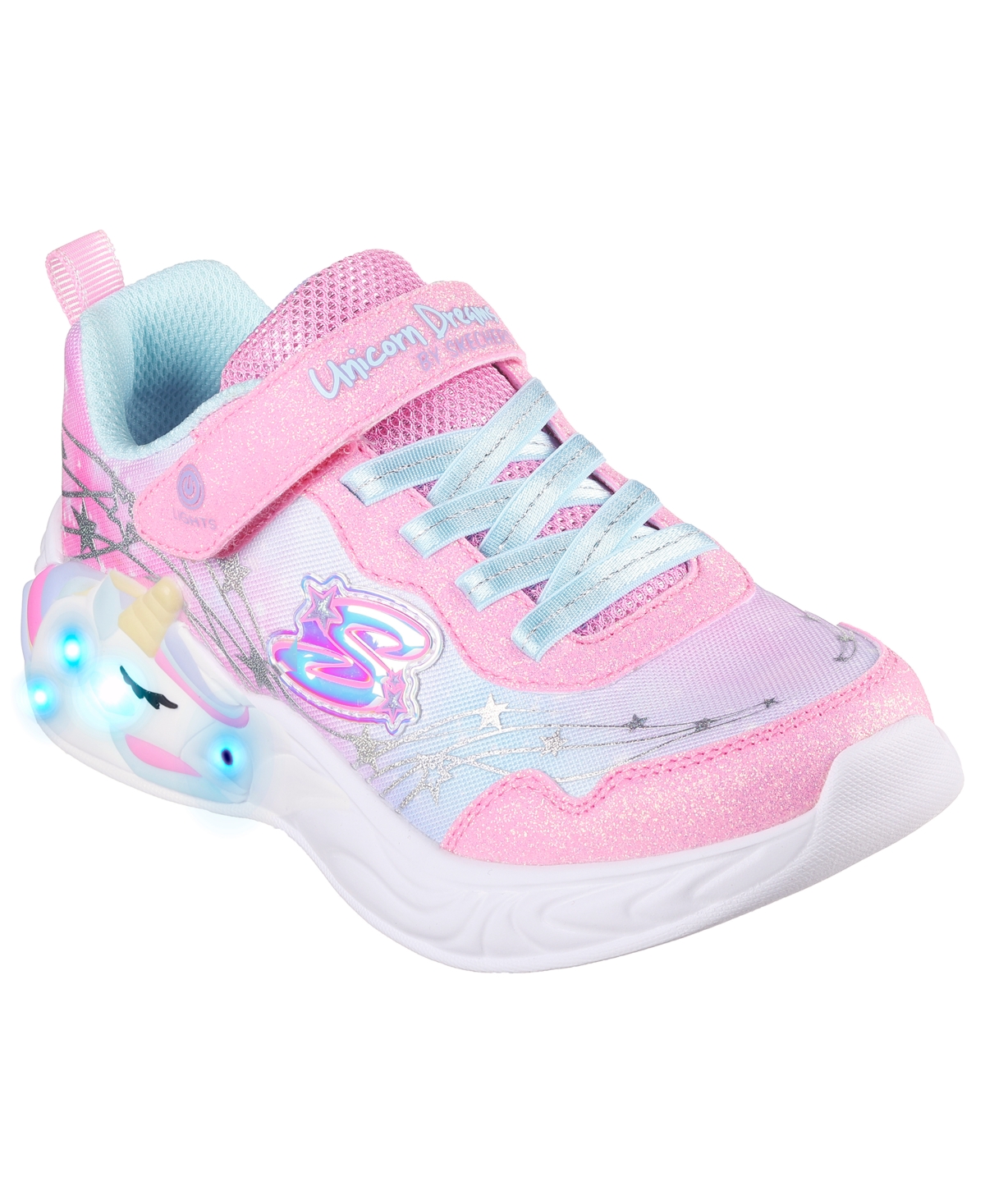 Shop Skechers Big Girls S Lights- Unicorn Dreams Adjustable Strap Light-up Casual Sneakers From Finish Line In Pink,turquoise
