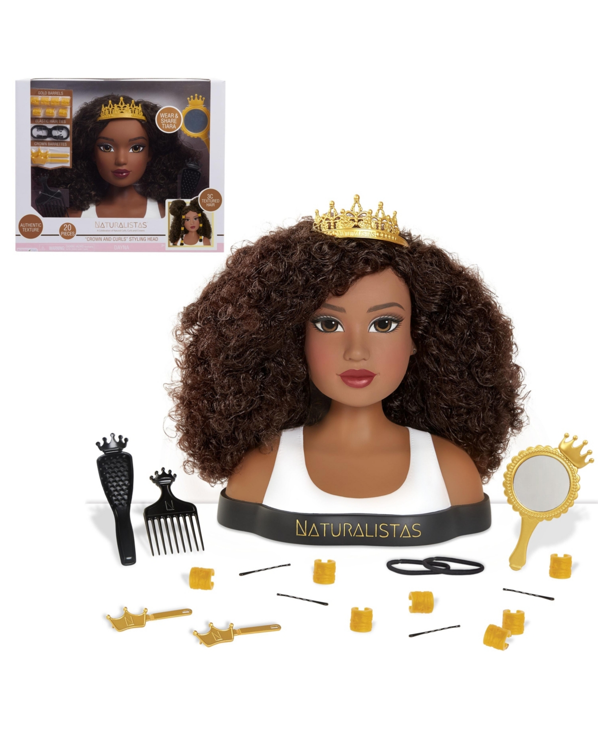 Shop Naturalistas Dayna Deluxe Crown And Curls Fashion Styling Head, 3c Textured Hair, 19 Accessories In Multi
