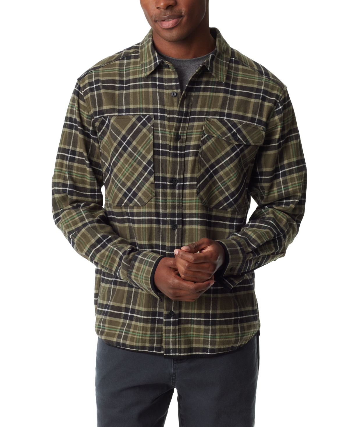 Men's Stretch Flannel Button-Front Long Sleeve Shirt - Caviar Core Plaid