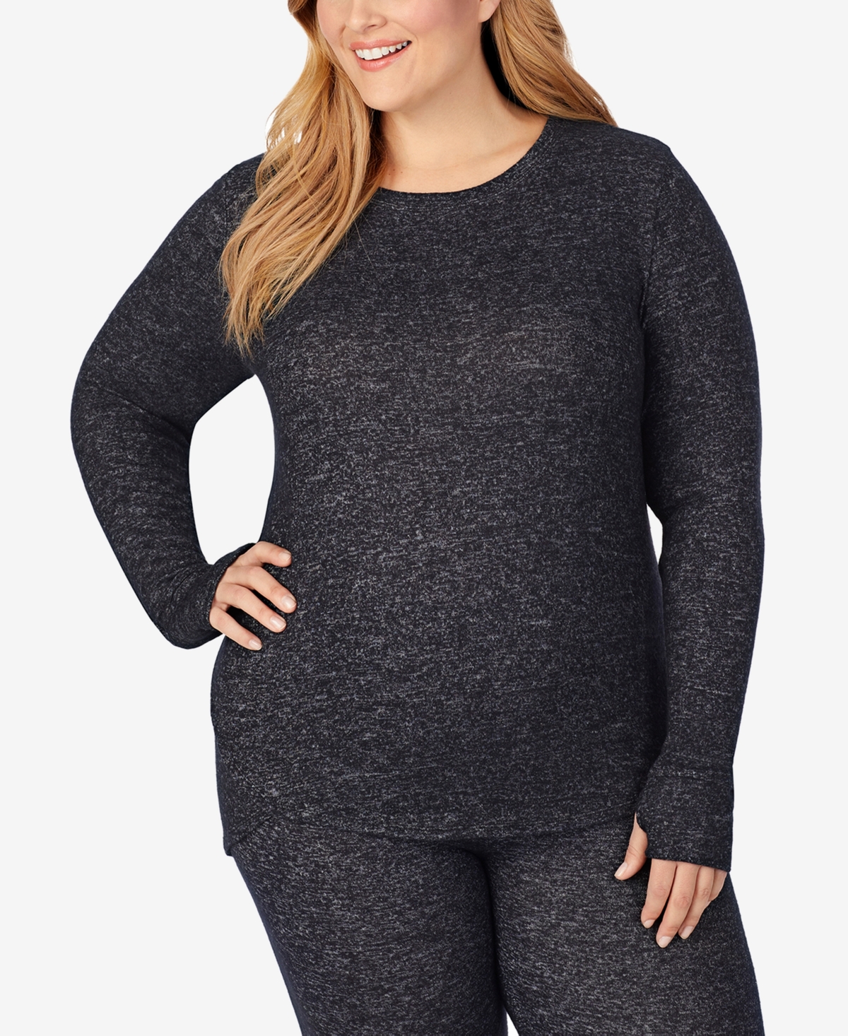 Shop Cuddl Duds Plus Size Long-sleeve Thumbhole Crewneck Top In Marled Grey