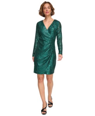 DKNY - Women's Surplice-Neck Long-Sleeve Sequin Dress
