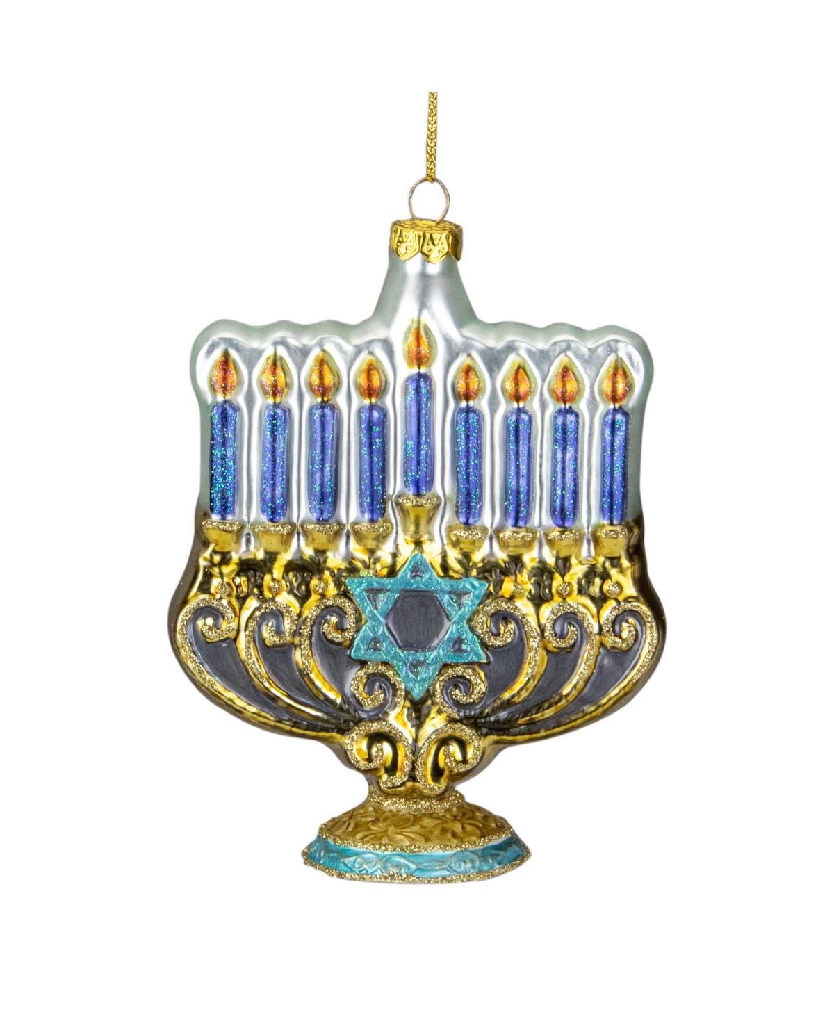 Northlight 5" Gold-tone And Blue Menorah Glass Hanukkah Ornament