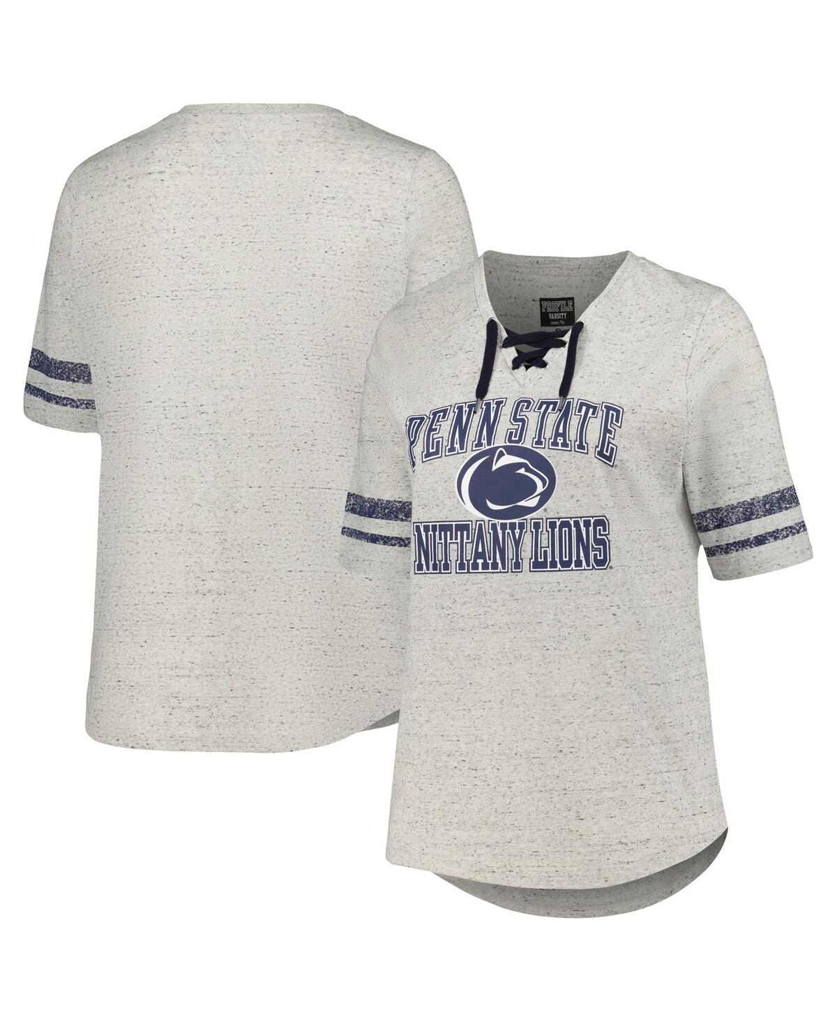 PROFILE WOMEN'S PROFILE HEATHER GRAY PENN STATE NITTANY LIONS PLUS SIZE STRIPED LACE-UP T-SHIRT