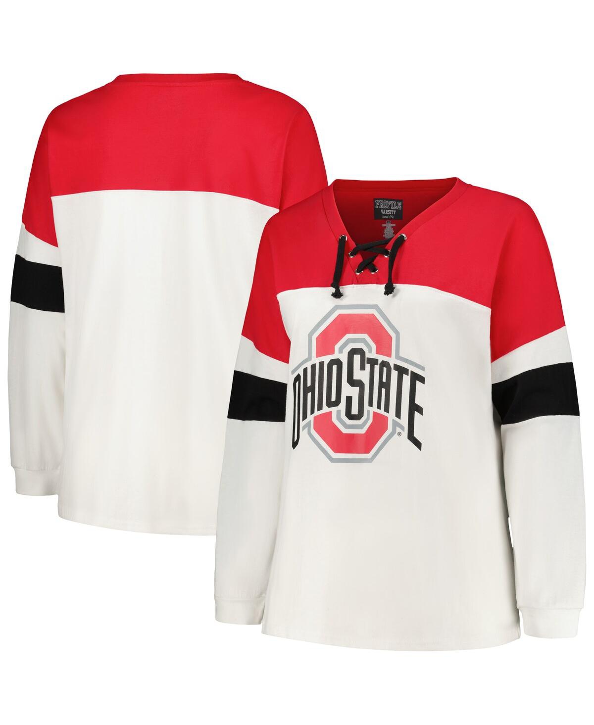 Shop Profile Women's  White Ohio State Buckeyes Plus Size Colorblock Lace-up Long Sleeve T-shirt