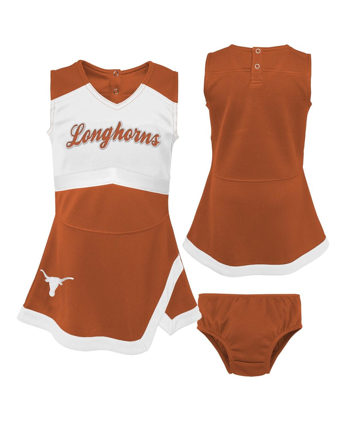 Outerstuff Babies' Girls Preschool Texas Orange, White Texas Longhorns Two-piece Cheer Captain Jumper Dress And Bloomer In Burnt Orange,white