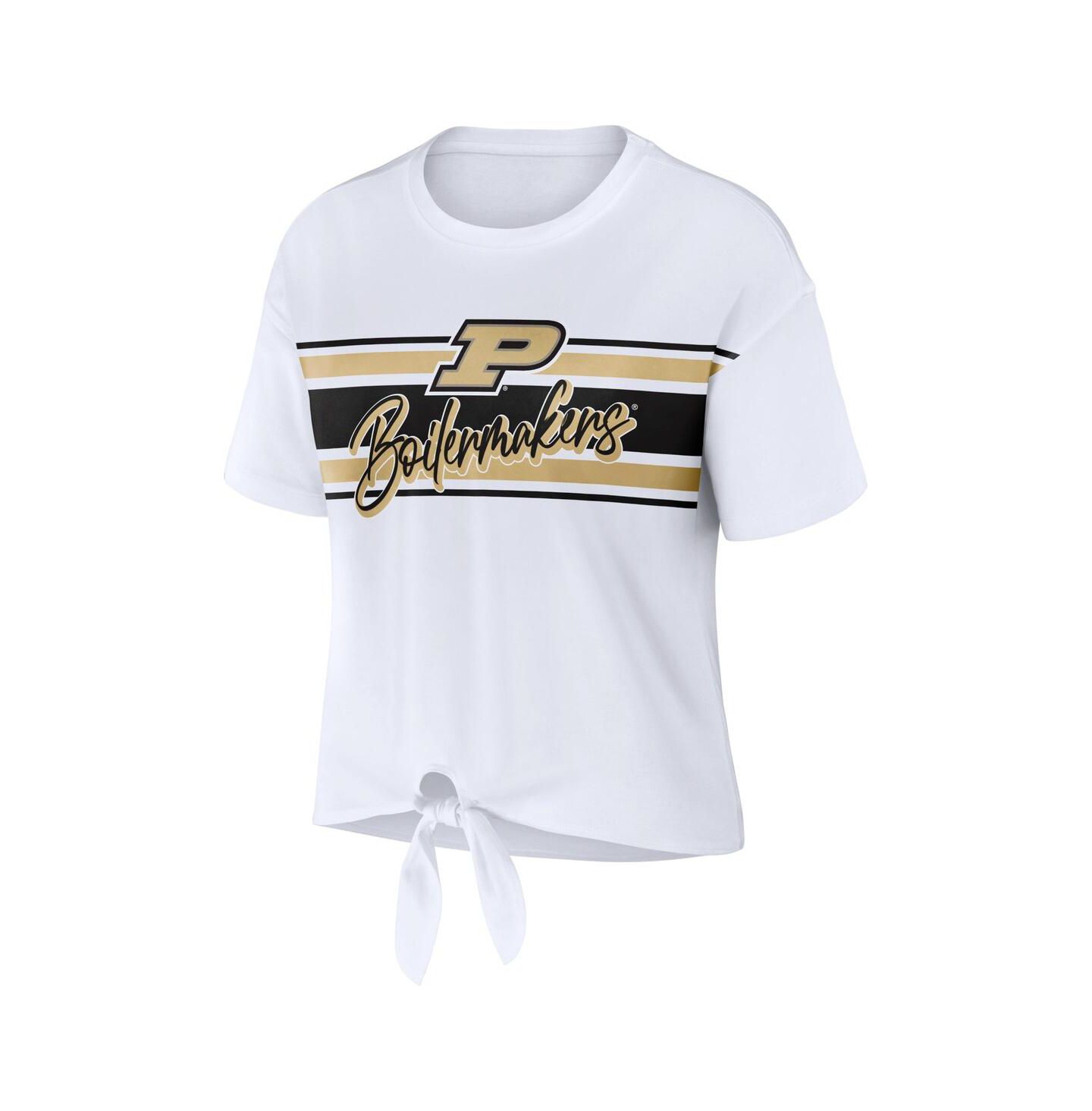 Женская футболка WEAR by Erin Andrews White Purdue Boilermakers Striped Front Knot Cropped — фото 3