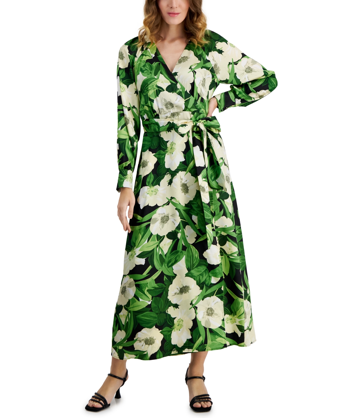 Anne Klein Women's Floral V-neck Faux-wrap Maxi Dress In Emerald Mint Multi