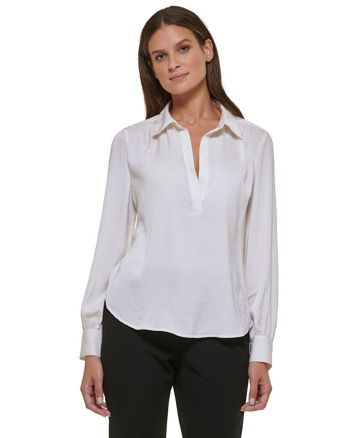 Tommy Hilfiger Women's Collared V-Neck Blouson-Sleeve Top - Macy's