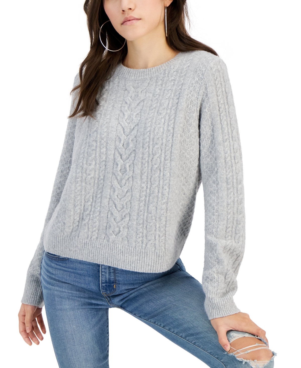 Hippie Rose Juniors' Crewneck Cable-knit Sweater In Light Heather Grey
