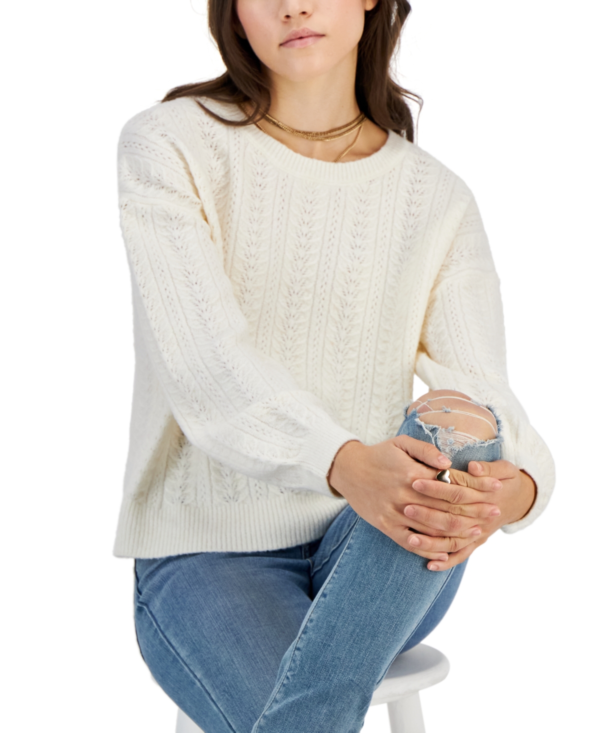 Hippie Rose Juniors' Crewneck Pointelle-knit Sweater In Blizzard White