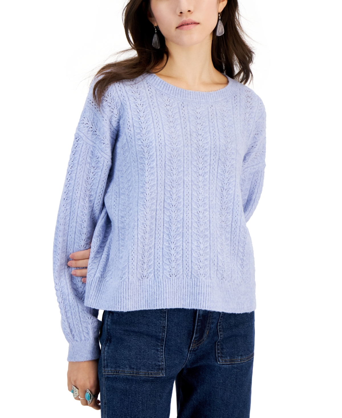 Hippie Rose Juniors' Crewneck Pointelle-knit Sweater In Frozen Peri