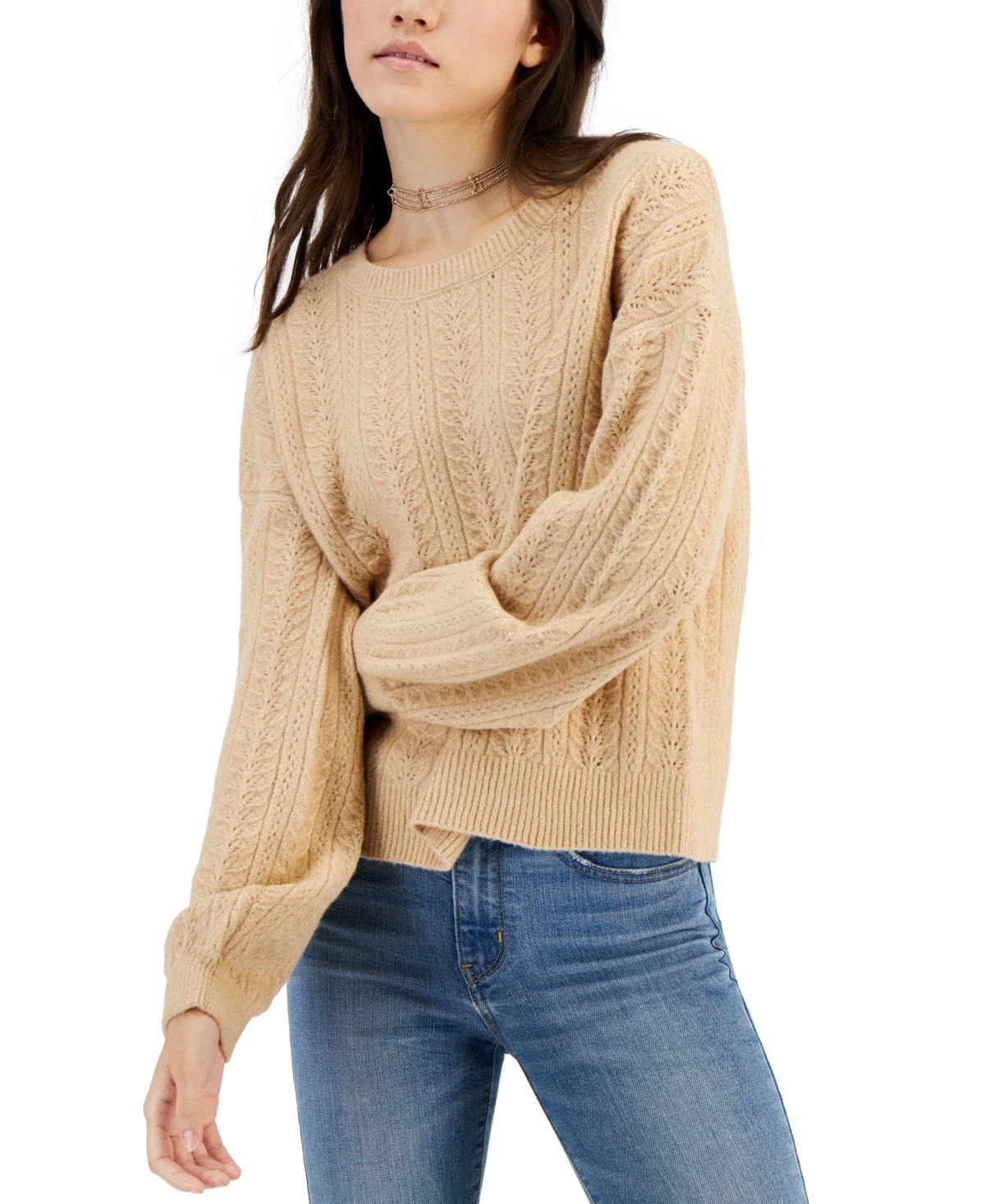 Hippie Rose Juniors' Crewneck Pointelle-knit Sweater In Vintage Wheat
