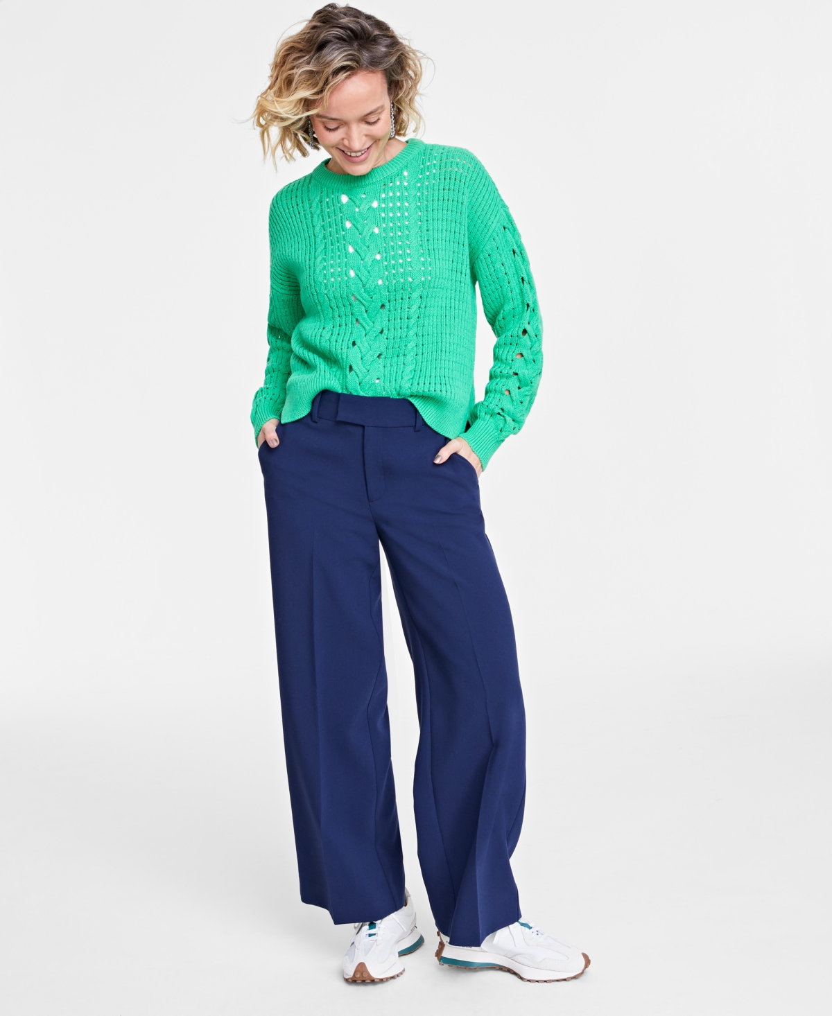 On 34th Women's Cable-knit-mesh Crewneck Long-sleeve Sweater, Created For Macy's In Bright Green
