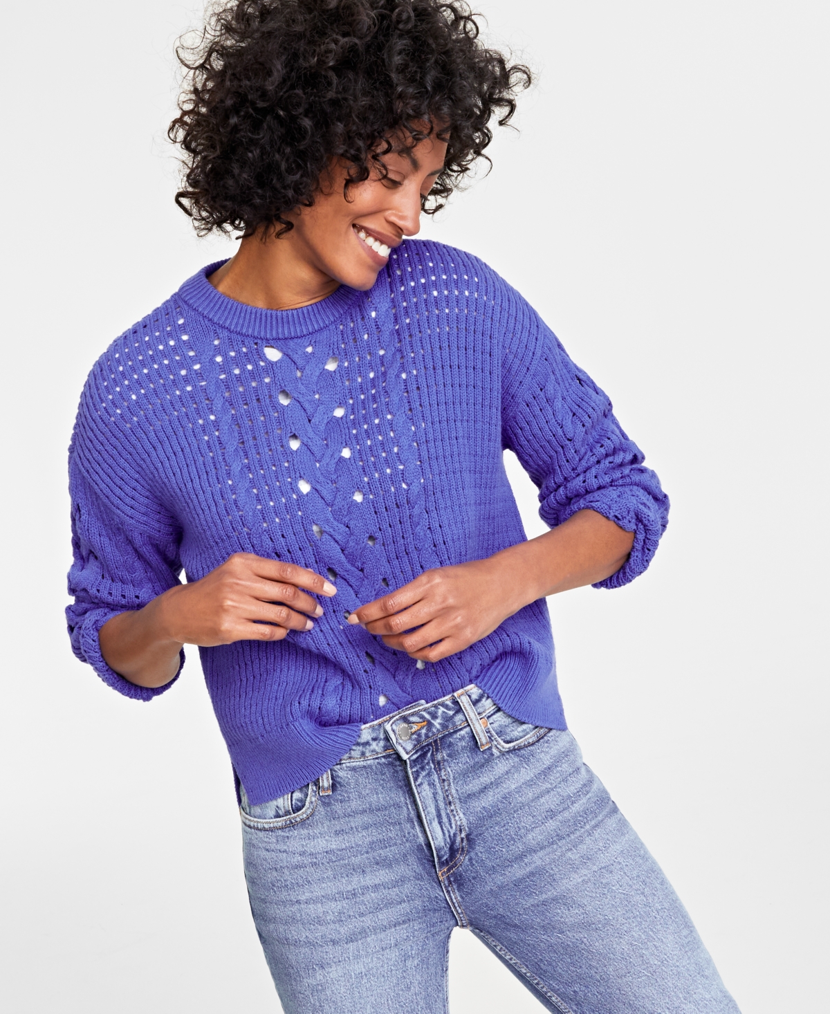 On 34th Women's Cable-knit-mesh Crewneck Long-sleeve Sweater, Created For Macy's In Cobalt Glaze