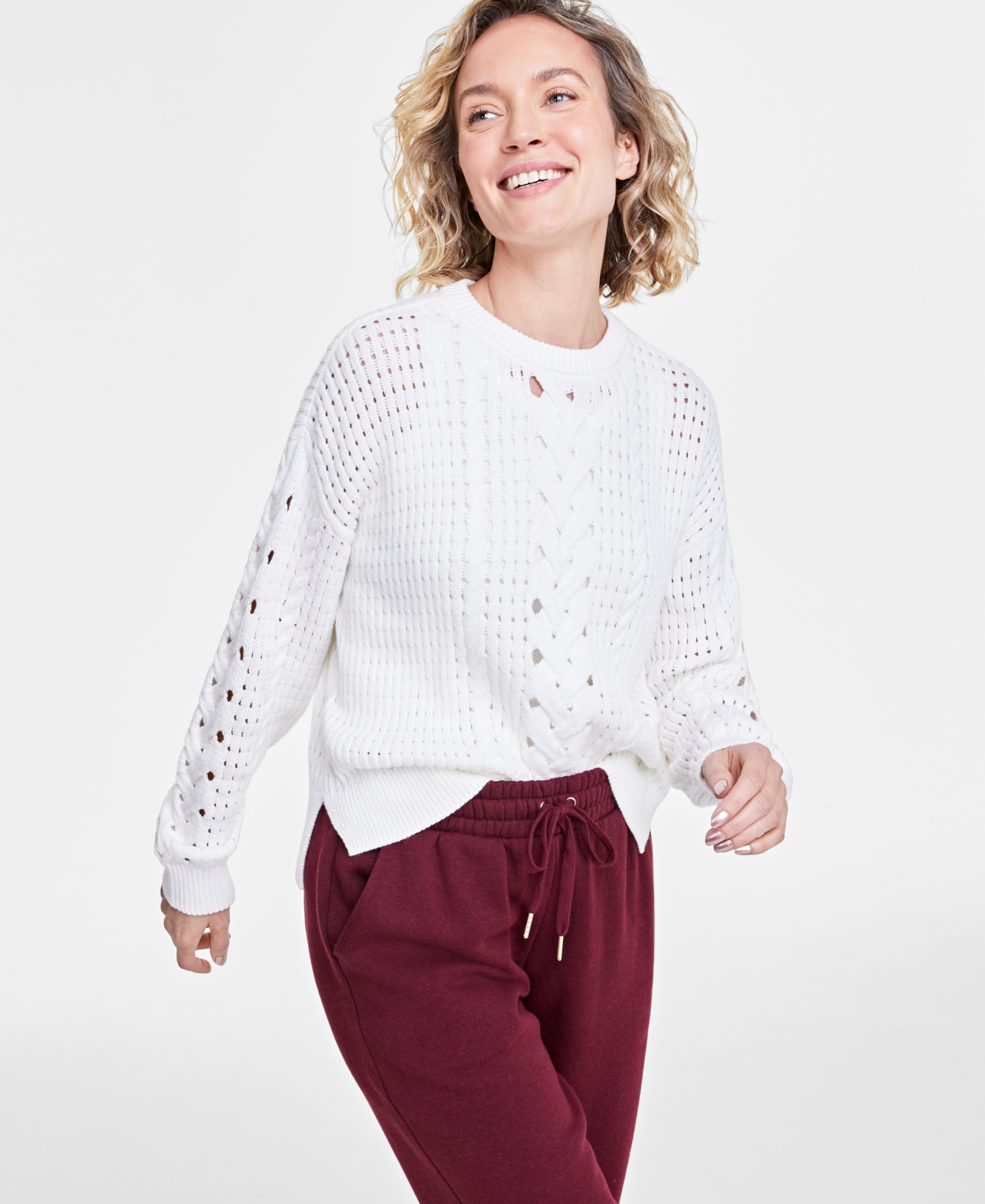 On 34th Women's Cable-knit-mesh Crewneck Long-sleeve Sweater, Created For Macy's In Washed White