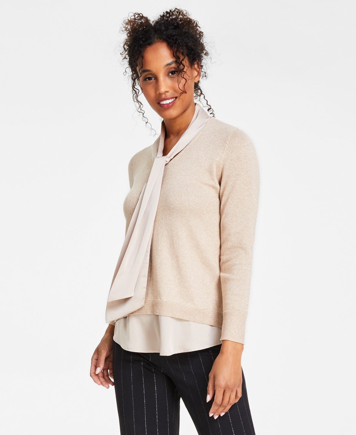 ANNE KLEIN WOMEN'S TIE-NECK LAYERED-LOOK SWEATER, CREATED FOR MACY'S