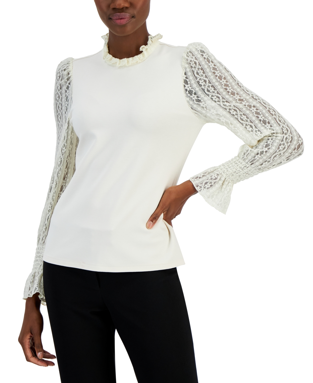 Anne Klein Women's Ruffled-lace Serenity Knit Top In Anne White