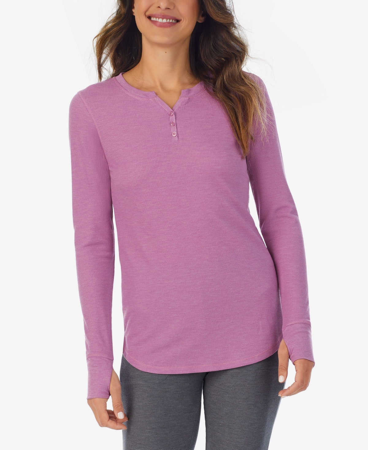 Cuddl Duds Petite Printed Thermal Henley Thumbhole Top In Mulberry Mist Heather