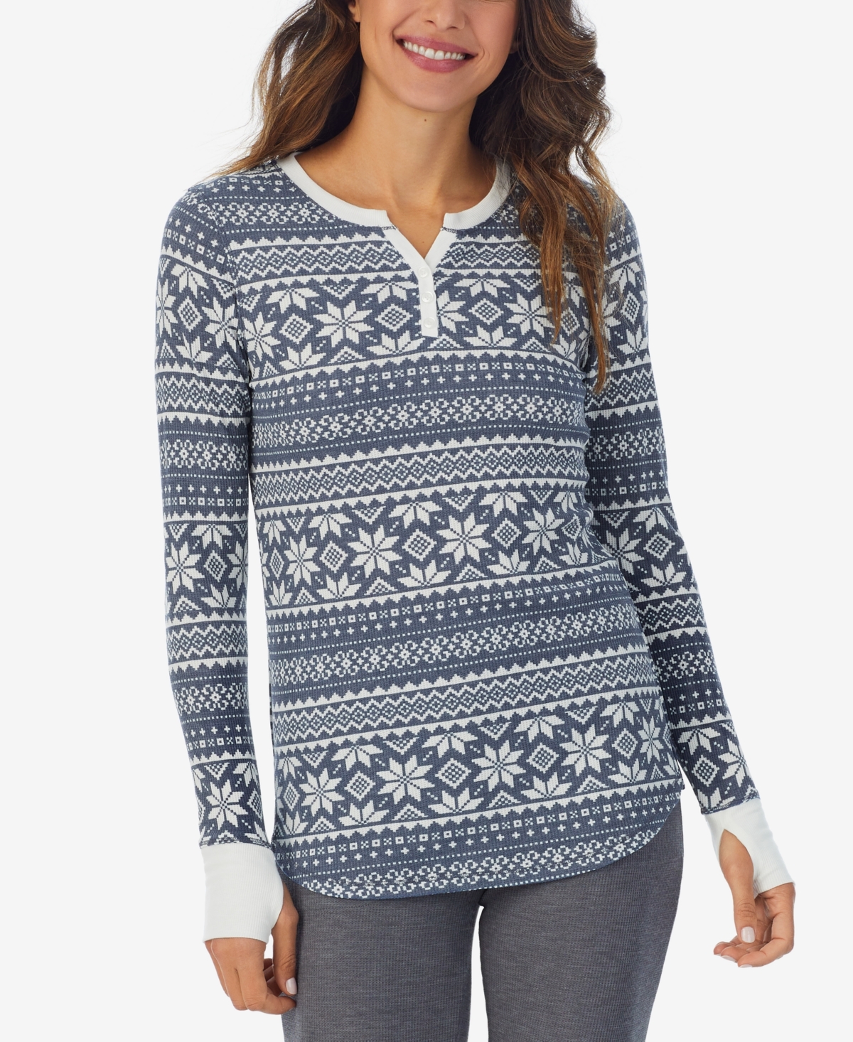 Cuddl Duds Women's Stretch Thermal Henley Top With Thumholes In Navy Blazer Fairisle