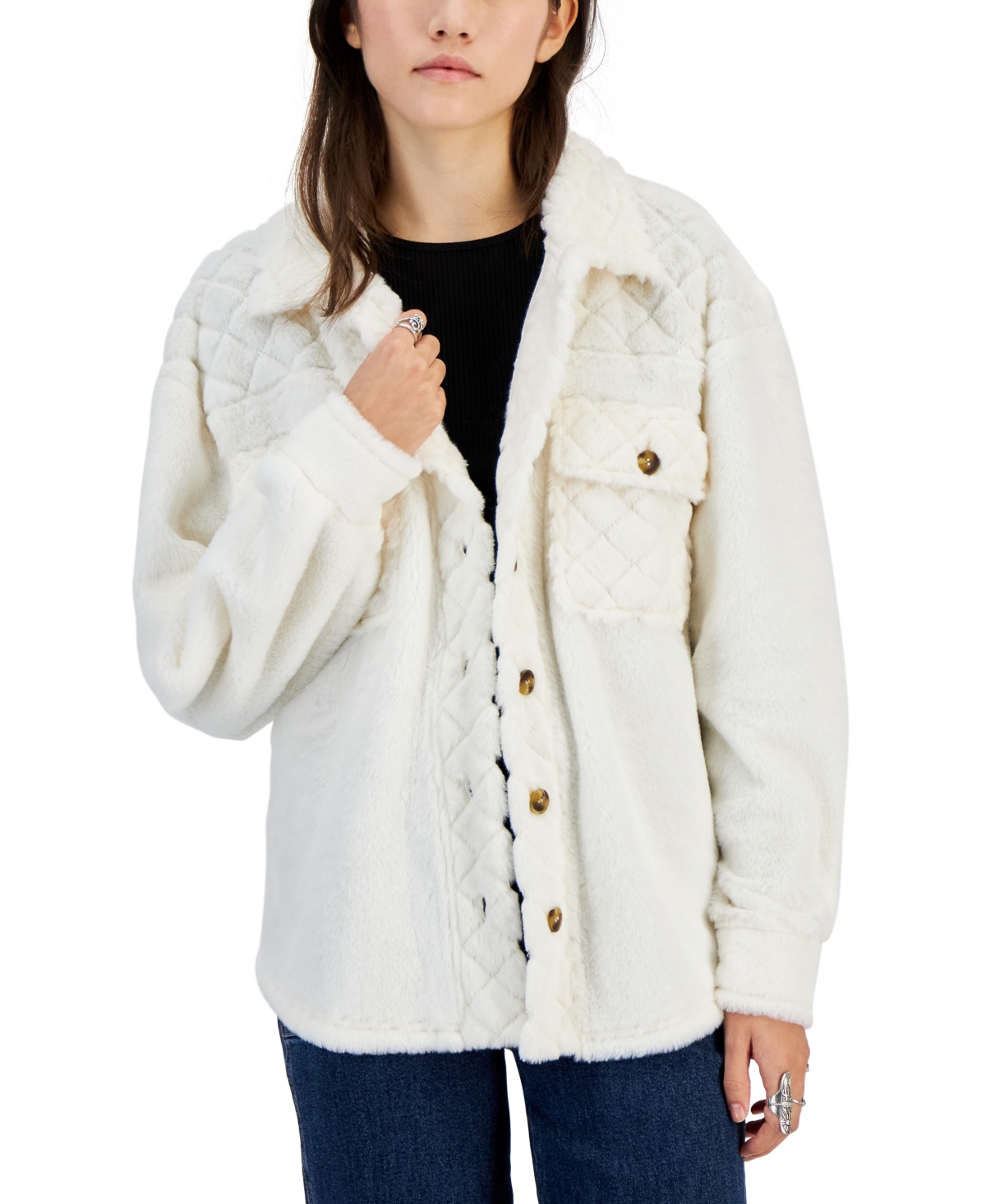 Juniors' Diamond Quilted Faux-Fur Sherpa Shacket - Ivory