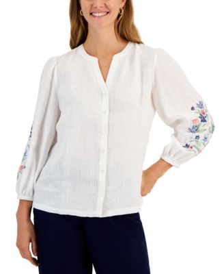 Women's 100% Linen Embroidered-Sleeve Blouse, Created for Macy's