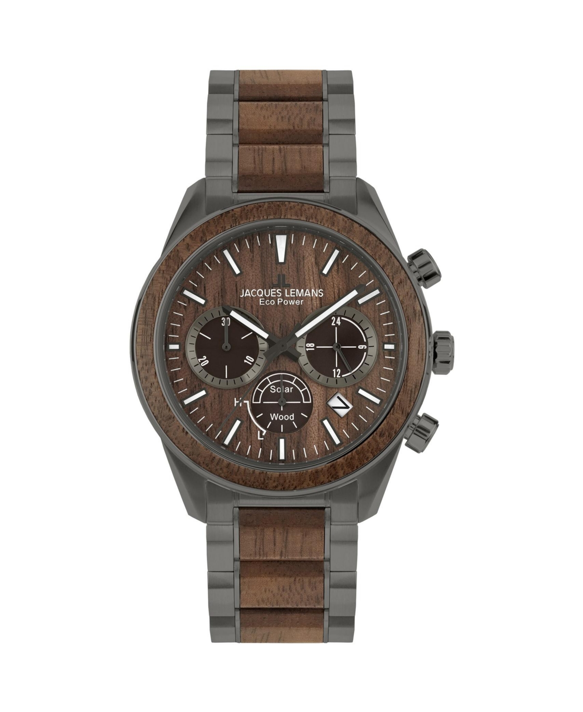 Men's Eco Power Watch with Solid Stainless Steel / Wood Inlay Strap Ip-Grey, Chronograph 1-2115 - Brown