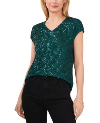 Women's Sequined Dolman Sleeve V-Neck  Blouse