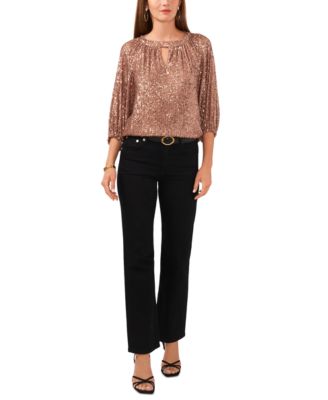 Women's Sequin Keyhole Detail Raglan Sleeve Top