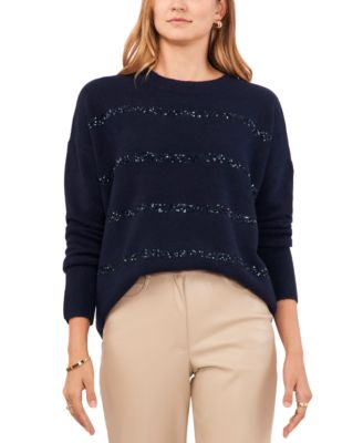 Vince Camuto Women's Crewneck Sequin Stripe Long Sleeve Sweater - Macy's