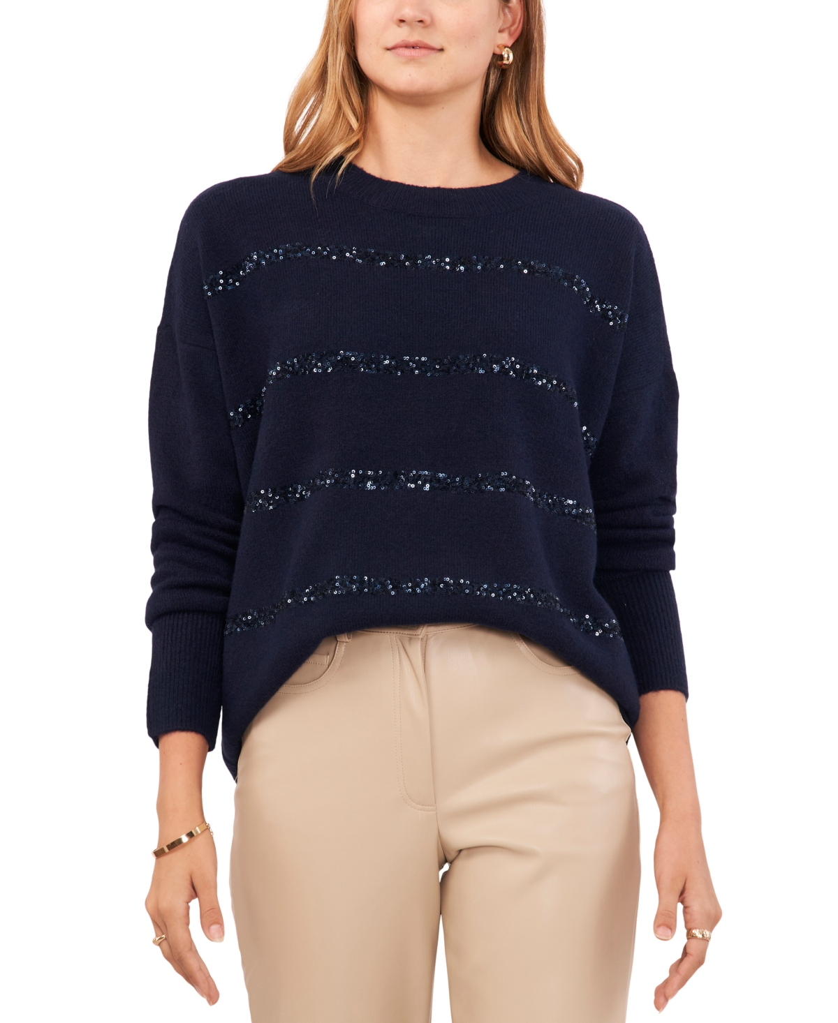 Vince Camuto Women's Crewneck Sequin Stripe Long Sleeve Sweater In Classic Navy