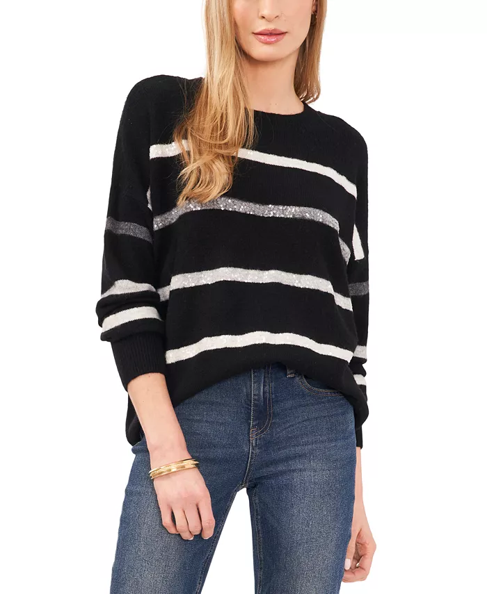 Women's Cozy Crewneck Sequin-Stripe Long-Sleeve Sweater