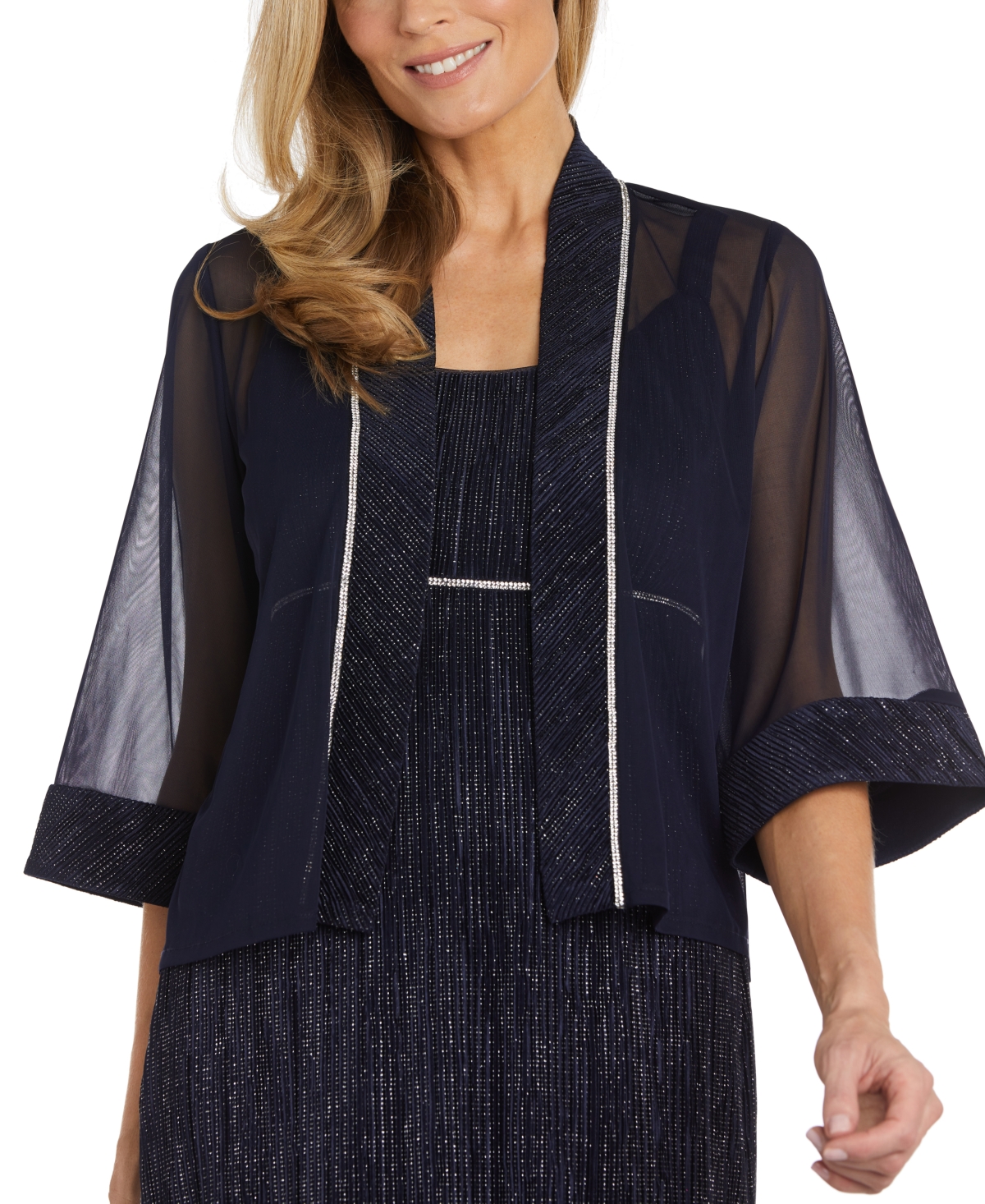 Shop R & M Richards Women's Crinkle-pleated Maxi Dress & Jacket In Navy,silver