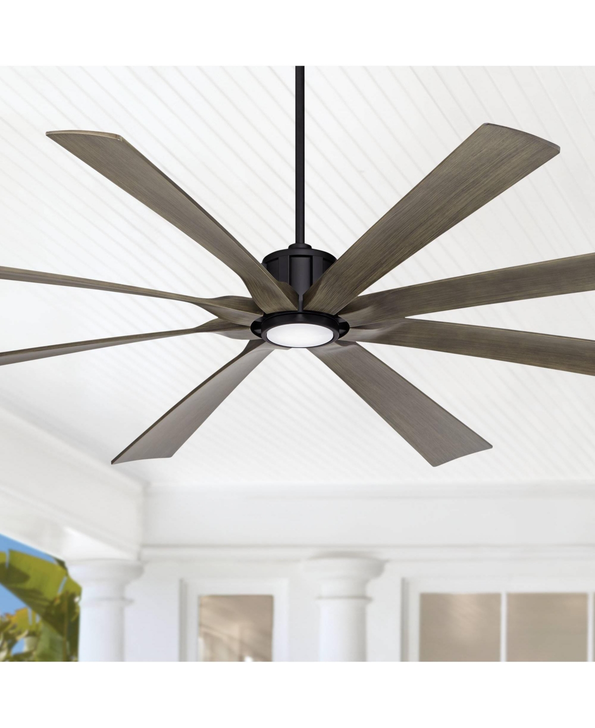 Possini Euro Design Defender Modern Industrial Outdoor Ceiling Fan with Dimmable Led Light Remote Control MatteDamp Rated for Patio Exterio